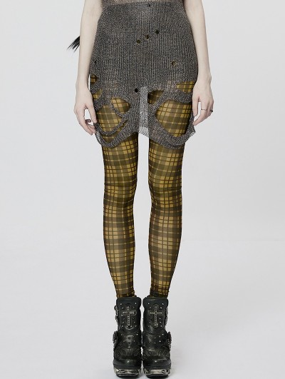 Punk Rave Black and Yellow Plaid Gothic Grunge Mesh Leggings for Women