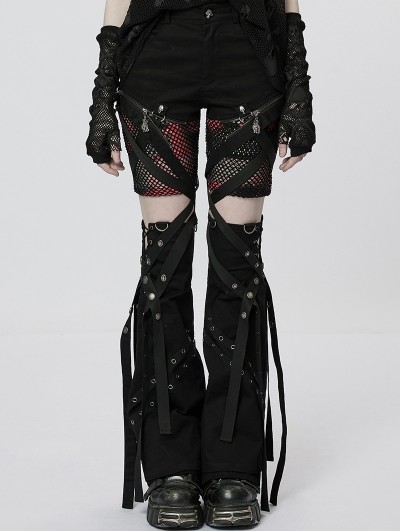 Punk Rave Women's Black and Red Gothic Punk Grunge Denim Flared Trousers with Detachable Leg Covers