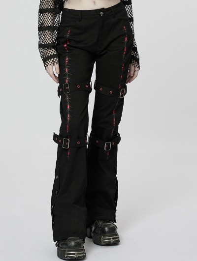 Punk Rave Black and Red Gothic Punk Grunge Embroidered Long Flared Pants for Women
