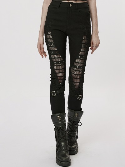 Punk Rave Black Gothic Punk Hollow-Out Mesh Spliced Long Pants for Women