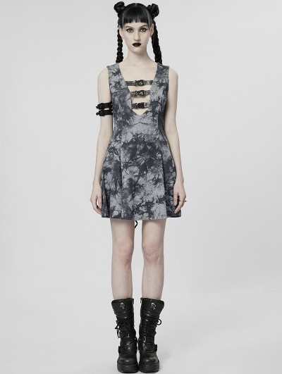 Punk Rave Grey Print Gothic Cyber Sexy Sleeveless Short A-Line Dress