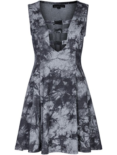 Punk Rave Grey Print Gothic Cyber Sexy Sleeveless Short A-Line Dress - DarkinCloset.com Punk Rave Grey Print Gothic Cyber Sexy Sleeveless Short A-Line Dress - DarkinCloset.com