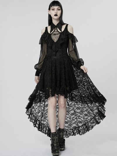 Punk Rave Black Gothic Sexy Off-the-Shoulder Long Sleeve Lace High-Low Dress