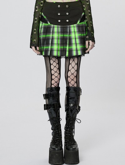 Punk Rave Black and Green Plaid Gothic Punk Grunge Girl Pleated Mini Skirt