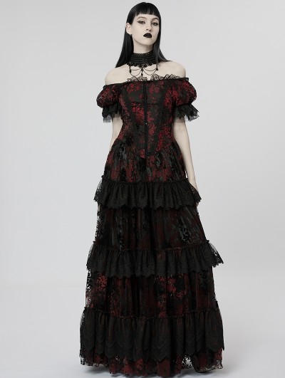 Punk Rave Black and Red Gothic Vintage Gorgeous Lace Long Victorian Party Dress