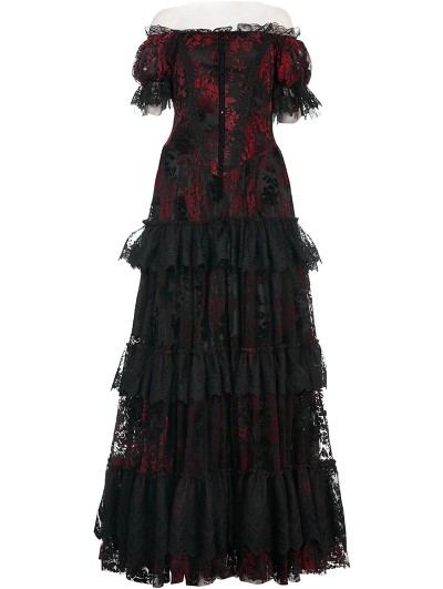 Punk Rave Black and Red Gothic Vintage Gorgeous Lace Long Victorian Party  Dress - DarkinCloset.com