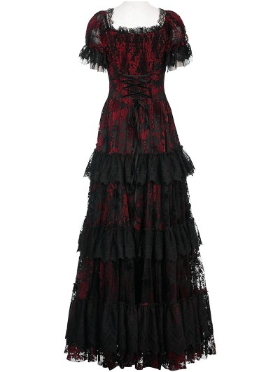 Punk Rave Black and Red Gothic Vintage Gorgeous Lace Long Victorian Party  Dress - DarkinCloset.com