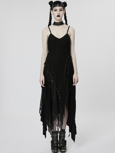 Punk Rave Black Gothic Punk Decadent Irregular Long Slip Dress