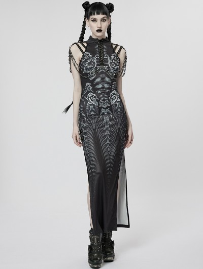 Punk Rave Black and Grey Gothic Printed Cyber Sexy Sleeveless Long Slim Dress