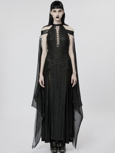 Punk Rave Black Elf Gothic Queen Sexy Elegant Long Dress with Detachable Cloak