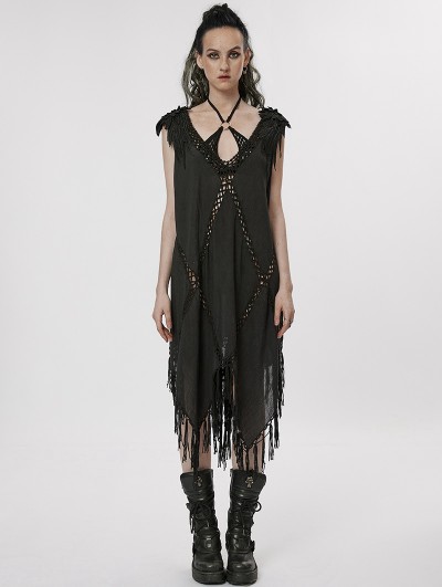 Punk Rave Black Gothic Witch V-neck Daily Wear Tassel Loose Dress