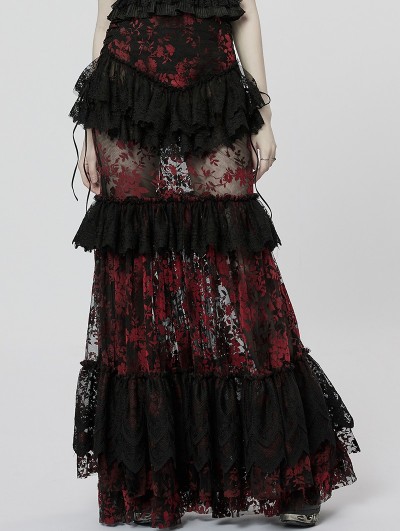 Punk Rave Black and Red Gothic Perspective Gorgeous Lace Tiered Maxi Skirt