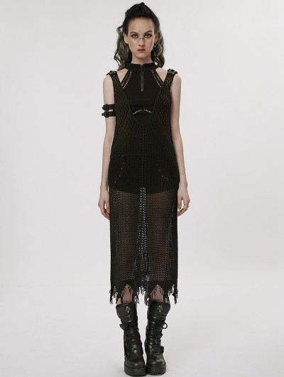 Punk Rave Black Gothic Post-Apocalyptic Techwear Style Knitted Hollow Out Dress