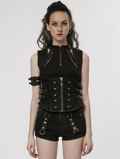 Punk Rave Black Gothic Punk Denim Underbust Vest for Women