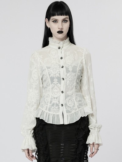 Punk Rave White Gothic Chiffon Embroidered Flared Sleeve Perspective Blouse for Women