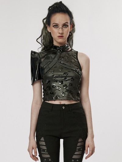 Punk Rave Black Gothic Cyberpunk Patent Leather One-Arm Jacket for Women