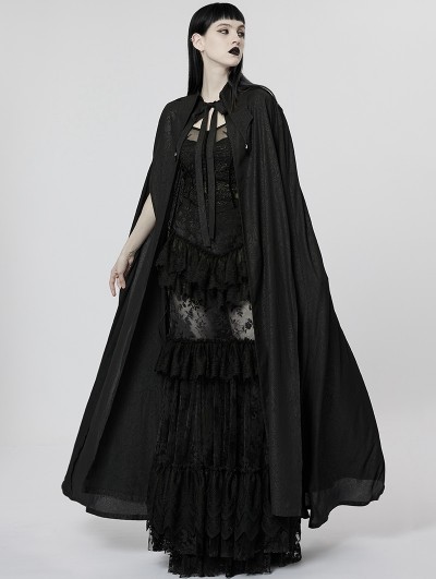 Punk Rave Black Gothic Printed Chiffon Lace Applique Lapel Long Cloak for Women