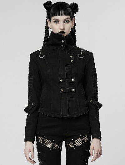 Punk Rave Black Gothic Post-Apocalyptic Techwear Style Denim Short Jacket for Women