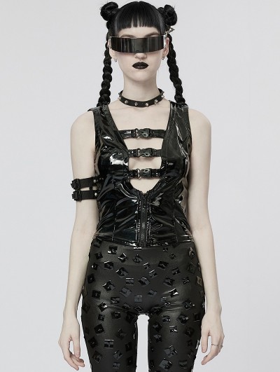 Punk Rave Black Gothic Punk Sexy Hollow Out Patent Leather Vest Top for Women