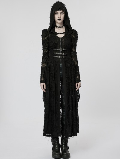 Punk Rave Black Dark Gothic Rose Pattern Two-Pieces Long Hooded Coat for Women