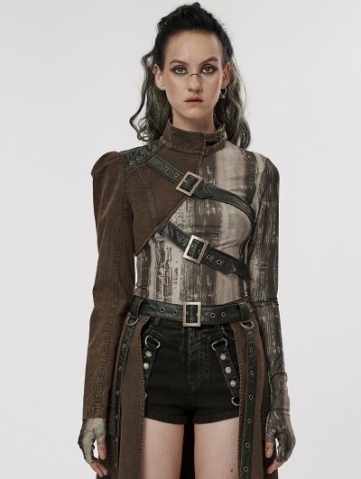 Punk Rave Black and Coffee Steampunk Handsome One-Arm Jacket for Women