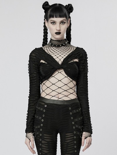 Punk Rave Black Gothic Dark Sexy Long Sleeve Short T-Shirt for Women