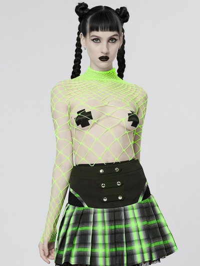 Punk Rave Green Gothic One-Piece Mesh Long Sleeve T-Shirt for Women
