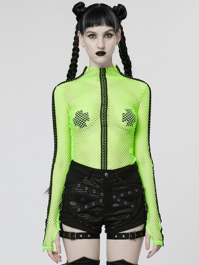 Punk Rave Green Gothic Fashion Sexy Grunge Mesh Long Sleeve T-Shirt for Women