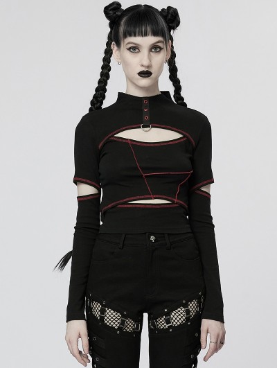 Punk Rave Black and Red Gothic Punk Daily Hollow Out Long Sleeve T-Shirt for Women