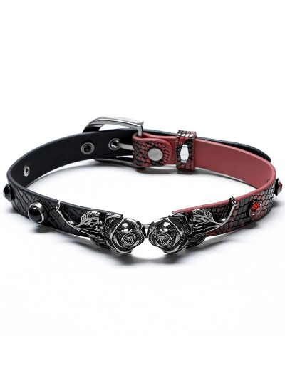 Punk Rave Black and Red Gothic Rose Buckle Leather Choker