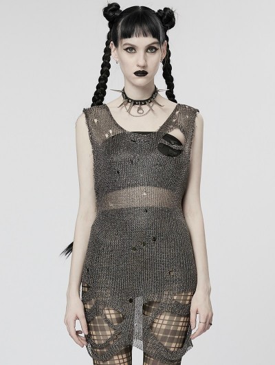 Punk Rave Silver and Grey Gothic Punk Imitation Metal Wire Ripped Sleeveless Sweater for Women
