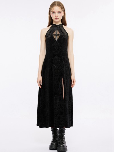 Punk Rave Black Sexy Gothic Velvet Cross Sleeveless High Slit Halter Long Dress