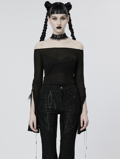 Punk Rave Black Daily Gothic Off-the-Shoulder Long Slit Sleeve T-Shirt for Women