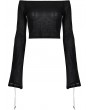 Punk Rave Black Daily Gothic Off-the-Shoulder Long Slit Sleeve T-Shirt for Women