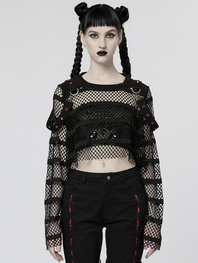 Punk Rave Black Fashion Gothic Punk Loose Short Mesh T-Shirt for Women