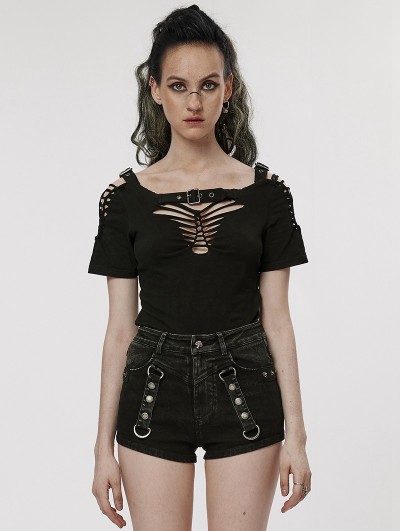 Punk Rave Black Gothic Punk Sexy Hollow-out Short Sleeve T-Shirt for Women