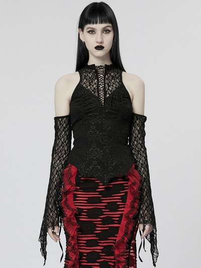 Punk Rave Black Elegant Gothic Sexy Jacquard Lace Sleeves T-Shirt for Women