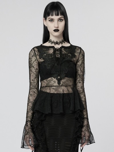 Punk Rave Black Gothic Transparent Lace Long Trumpet Sleeve T-Shirt for Women