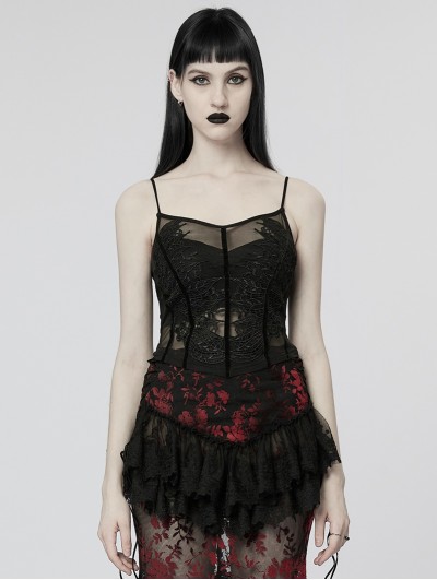 Punk Rave Black Gothic Sexy Perspective Lace Mesh Camisole for Women