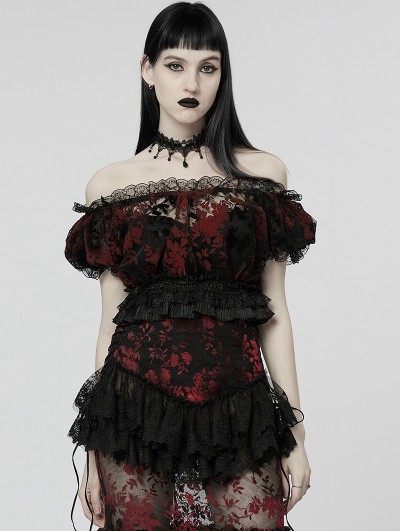 Punk Rave Black and Red Gothic Sexy Flocking Mesh Lace Trim Short Top for Women