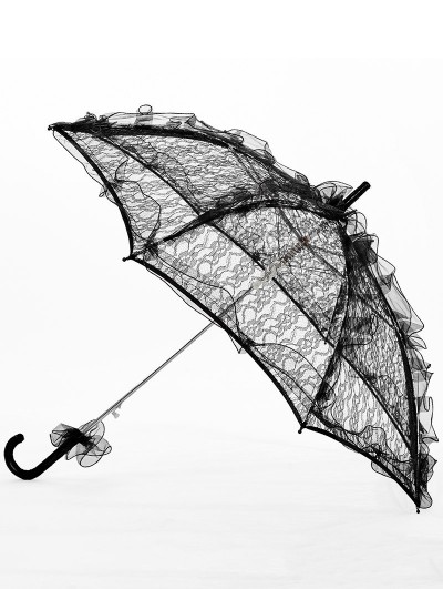 Punk Rave Black Gothic Light Ruffle Lace Mesh Umbrella