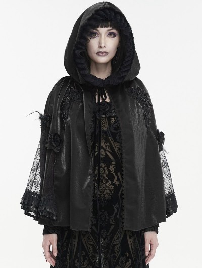 Devil Fashion Black Gothic Feather Flower Short Hooded Cape for