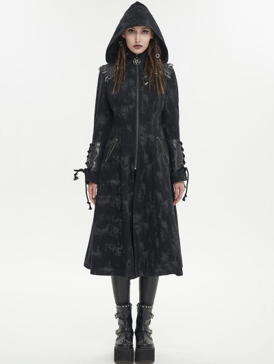 Devil Fashion Black Gothic Punk Spliced Faux Leather Hooded Coat for Women