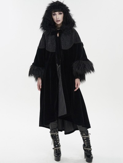 Devil Fashion Black Vintage Gothic Fur Warm Loose Hooded Cape Coat for Women