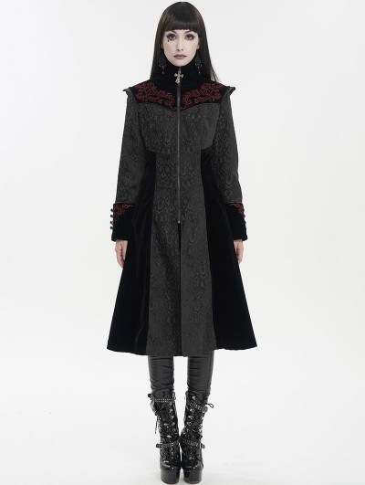 Devil Fashion Black Vintage Gothic Jacquard Velvet Long Coat for Women