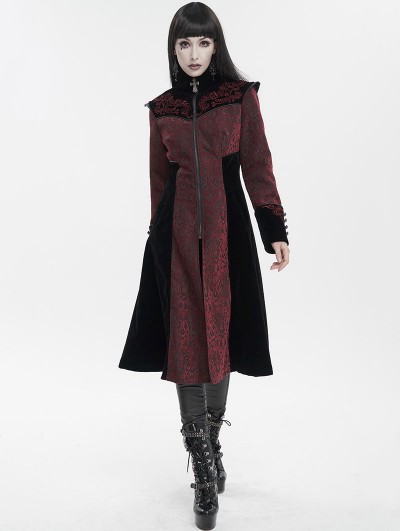 Devil Fashion Red Vintage Gothic Jacquard Velvet Long Coat for Women