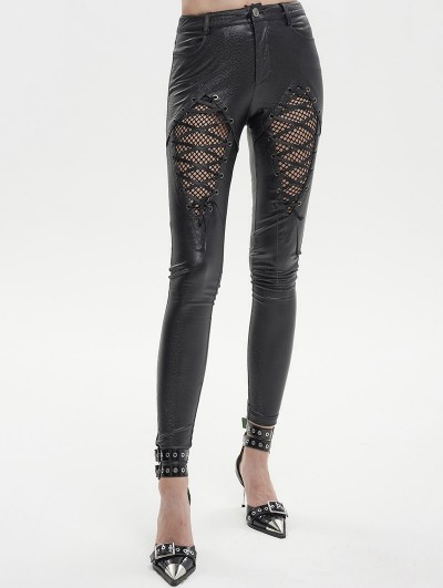 Devil Fashion Black Gothic Fishnet Hollow Out Skinny Leather Pants for Women