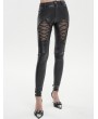 Devil Fashion Black Gothic Fishnet Hollow Out Skinny Leather Pants for Women