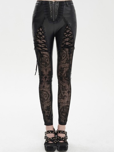 Devil Fashion Black Sexy Gothic Hollow Out Lace Long Synthetic Leather Pants for Women