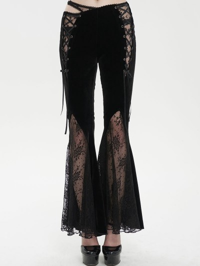 Devil Fashion Black Gothic Vintage Sexy Velvet Lace Flared Trousers for Women